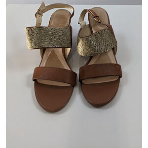 Isola Sandals Brown Leather 8 Matte Gold Beaded Stacked Heel Adjustable Strap
